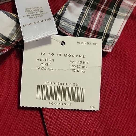 𝅺JANIE AND JACK RED LONG-SLEEVE POLO WITH TRAIN DESIGN AND TARTAN PLAID TRIM - Picture 7 of 9